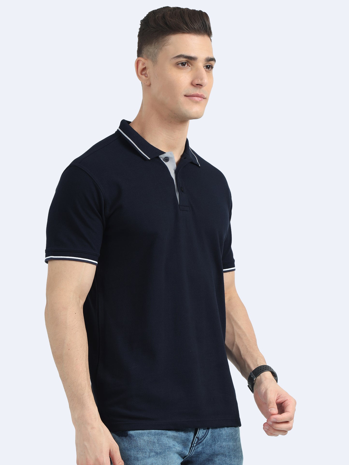 Biowashed Organic Polo - Navy Blue with White Tipping