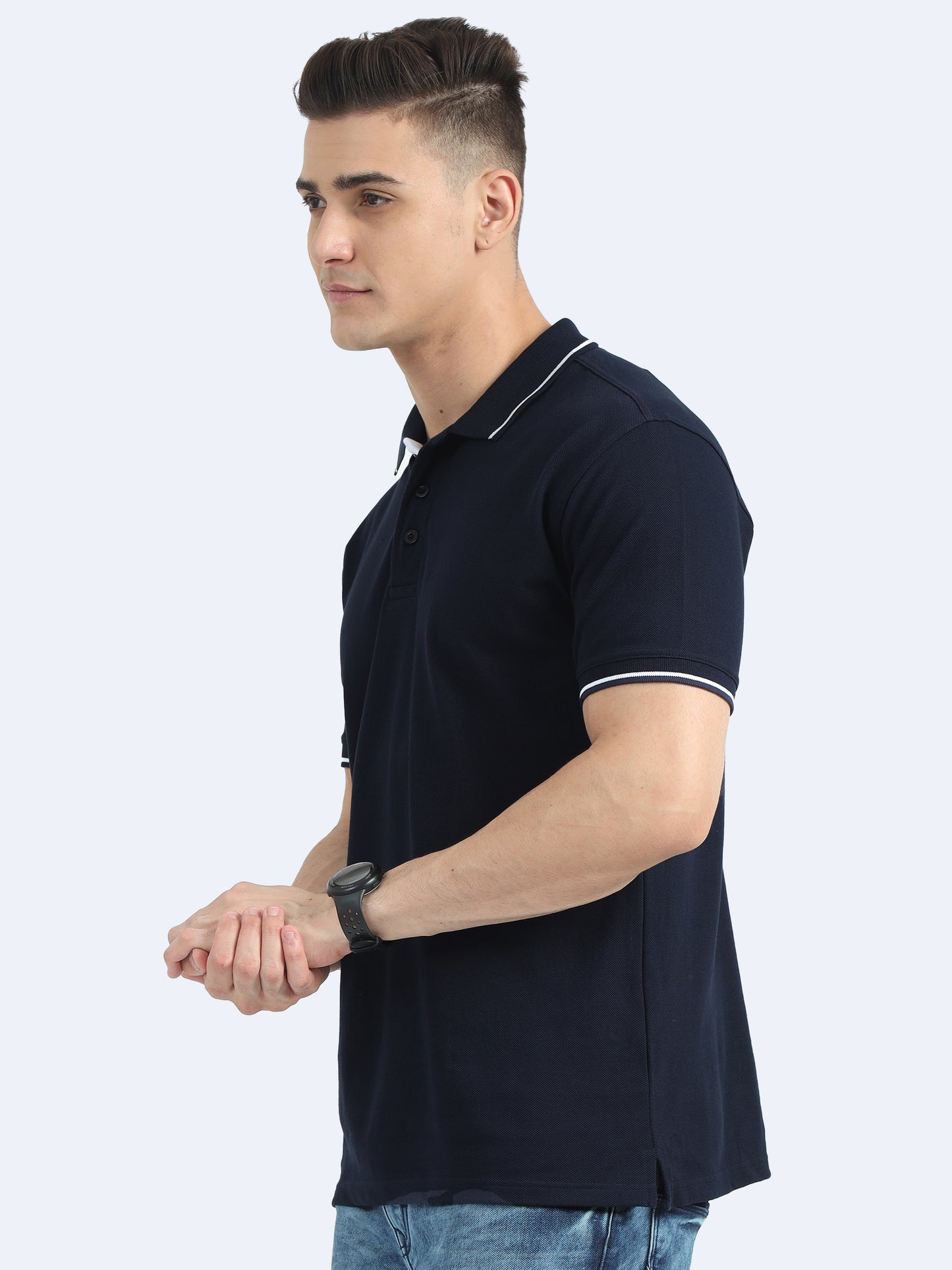 Biowashed Organic Polo - Navy Blue with White Tipping