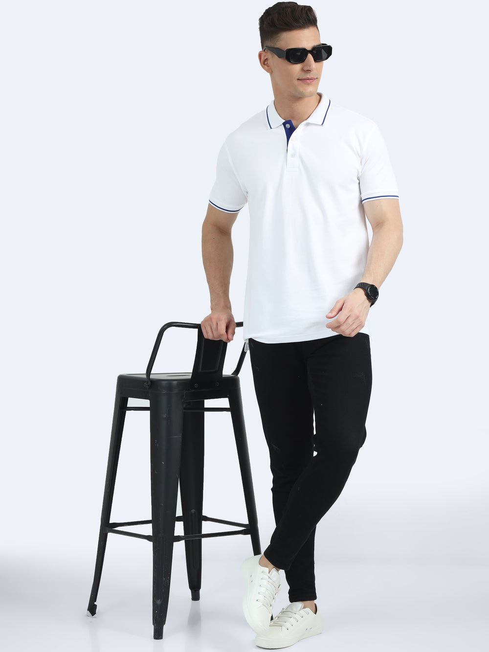 Biowashed Organic Polo - White with Blue Tipping
