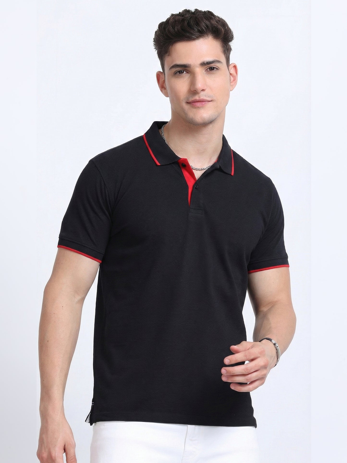 EcoBlend Polo Tshirts - Black with Red Tipping
