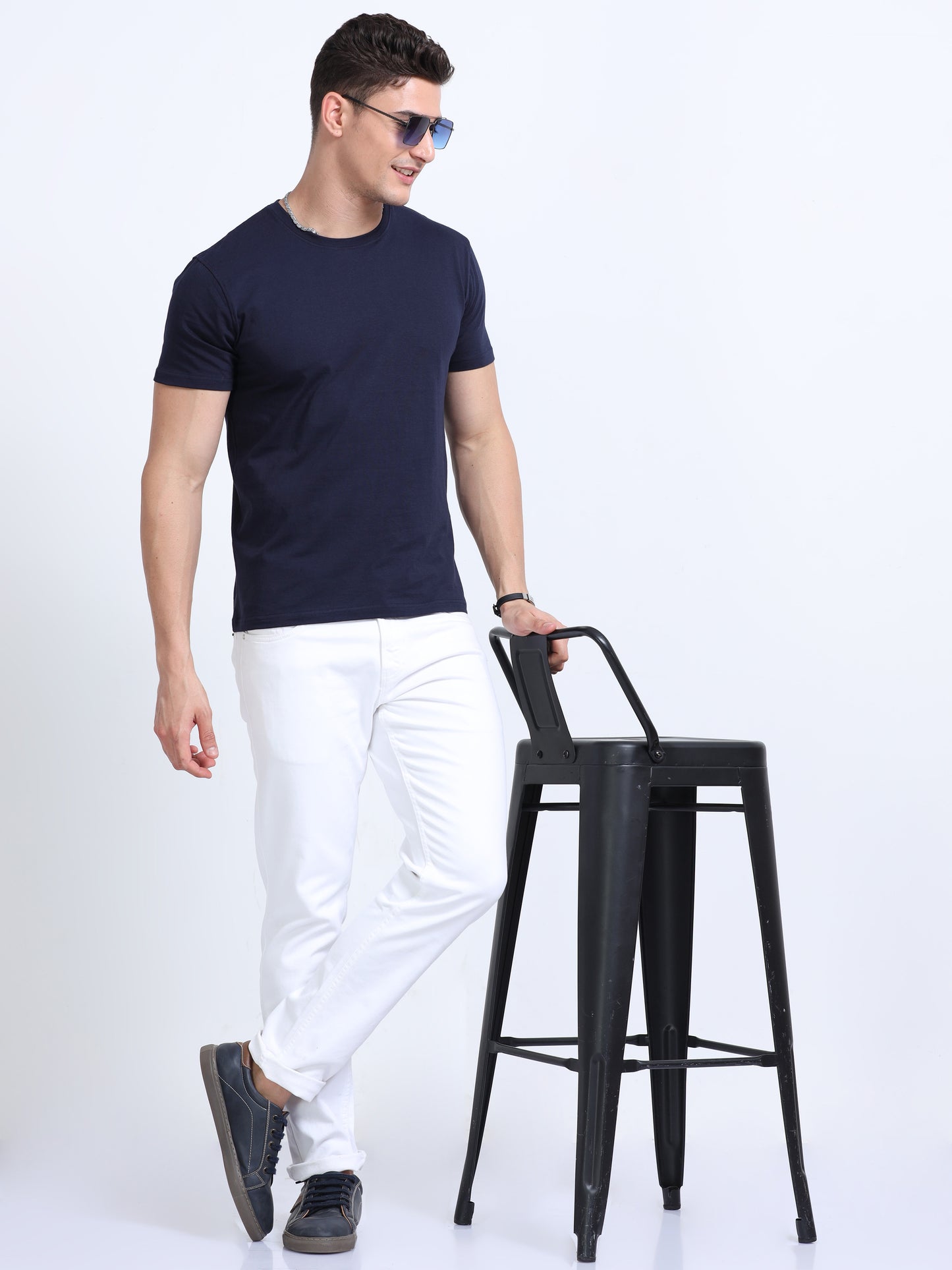 Biowashed Round Neck 100% Cotton Tshirt - Navy Blue