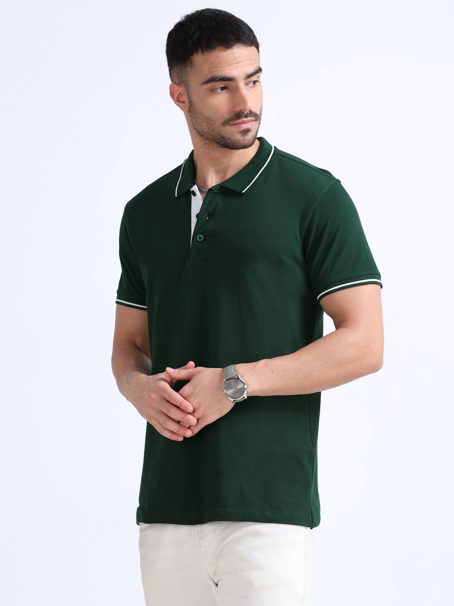 Biowashed Organic Polo - Bottle Green with White Tipping