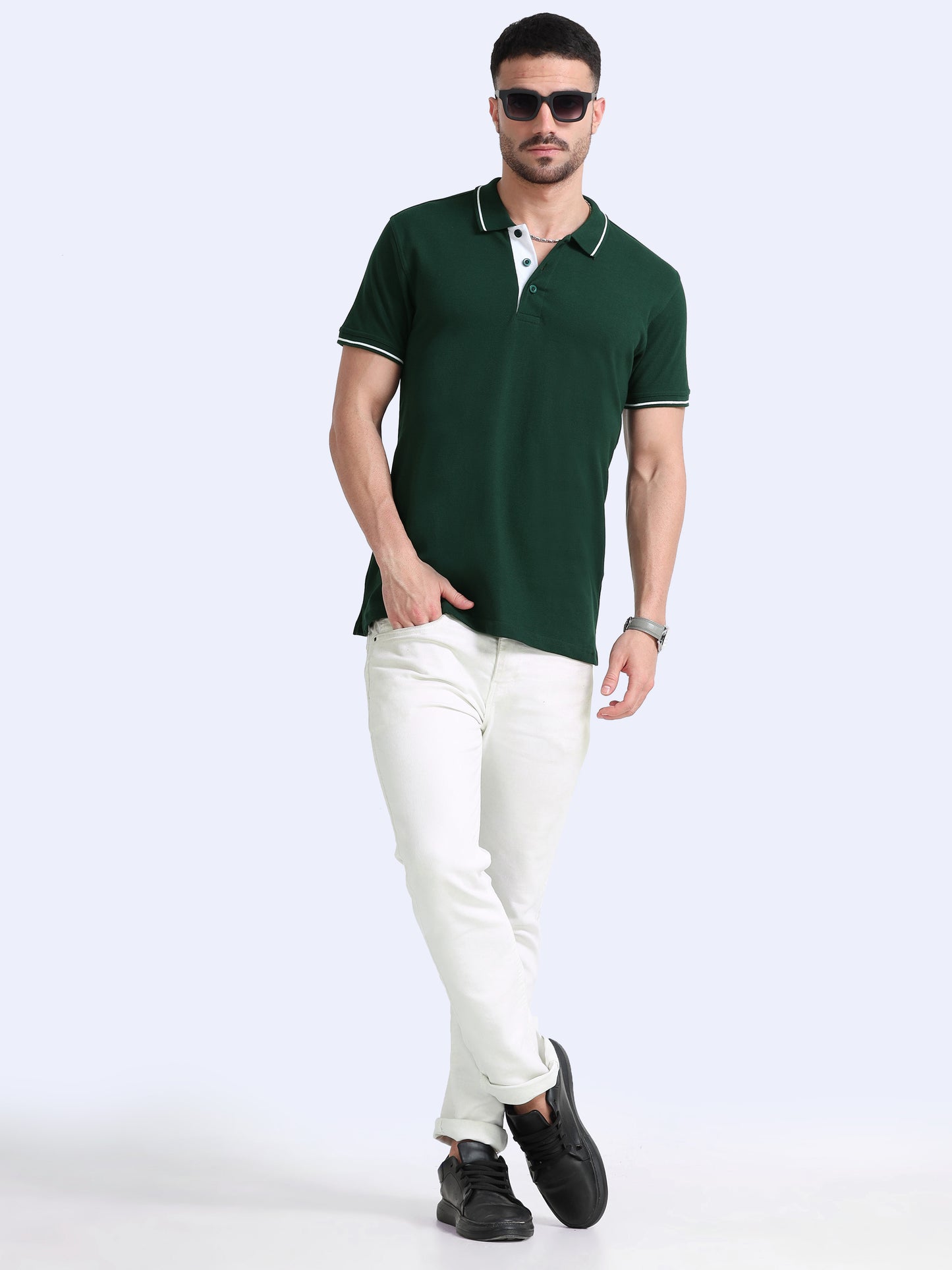 Biowashed Organic Polo - Bottle Green with White Tipping
