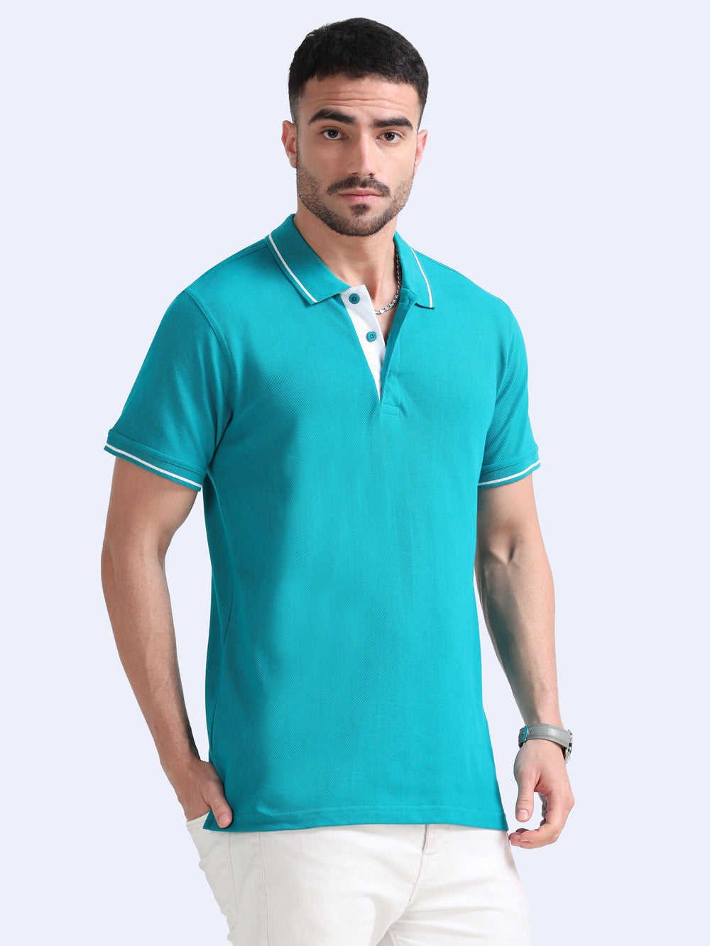 Biowashed Organic Polo - Elec Green with White Tipping