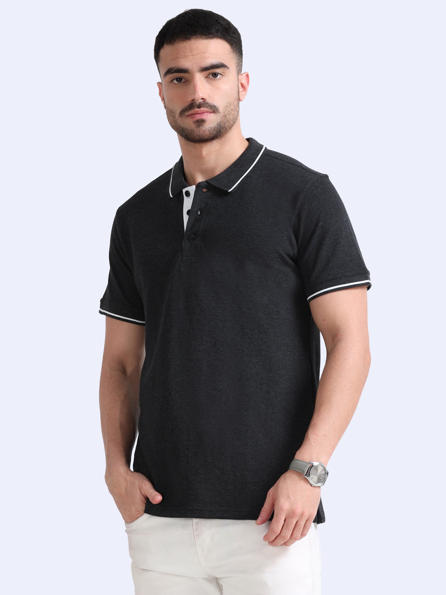 Biowashed Organic Polo - Charcoal with White Tipping