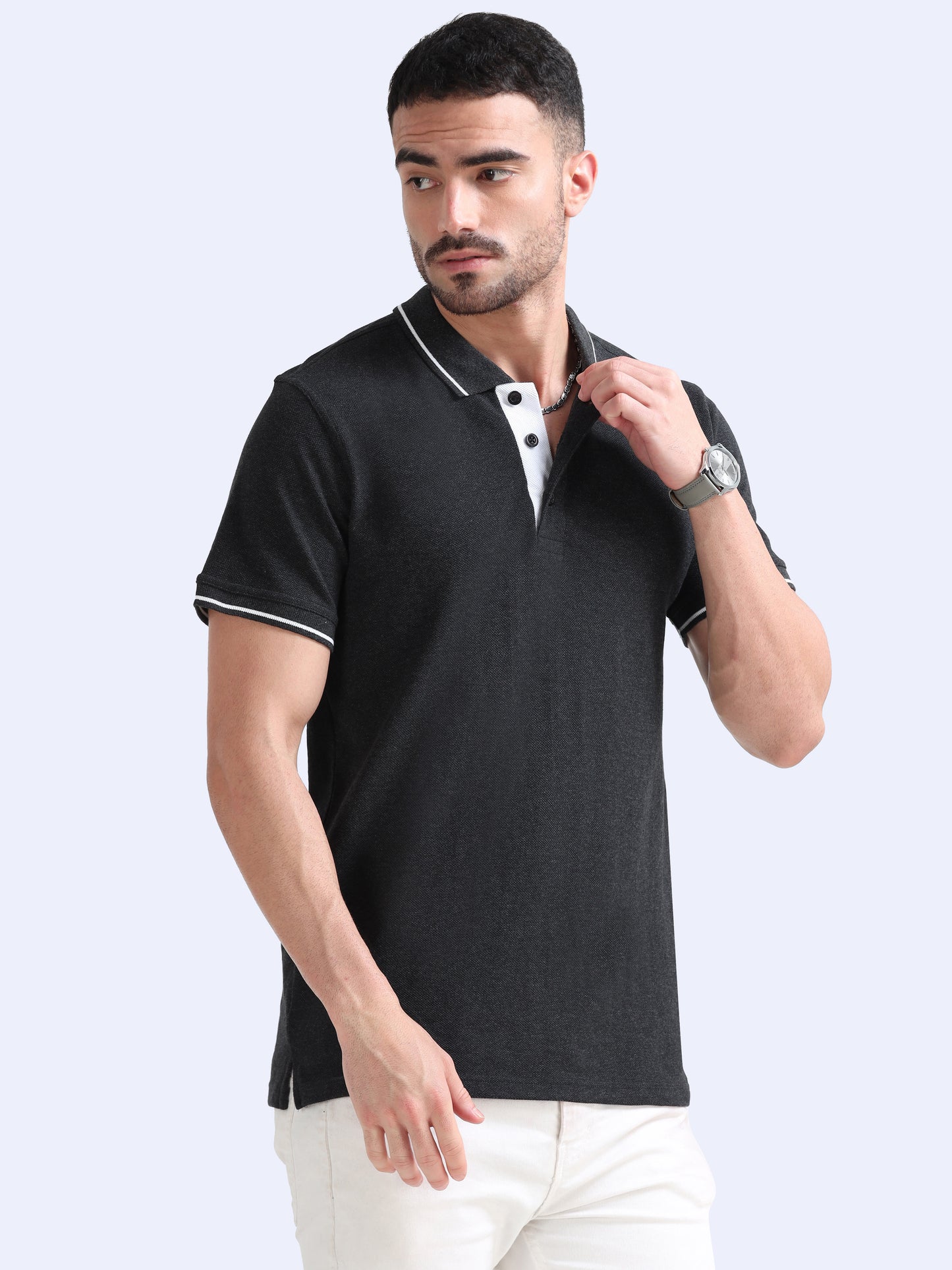 Biowashed Organic Polo - Charcoal with White Tipping