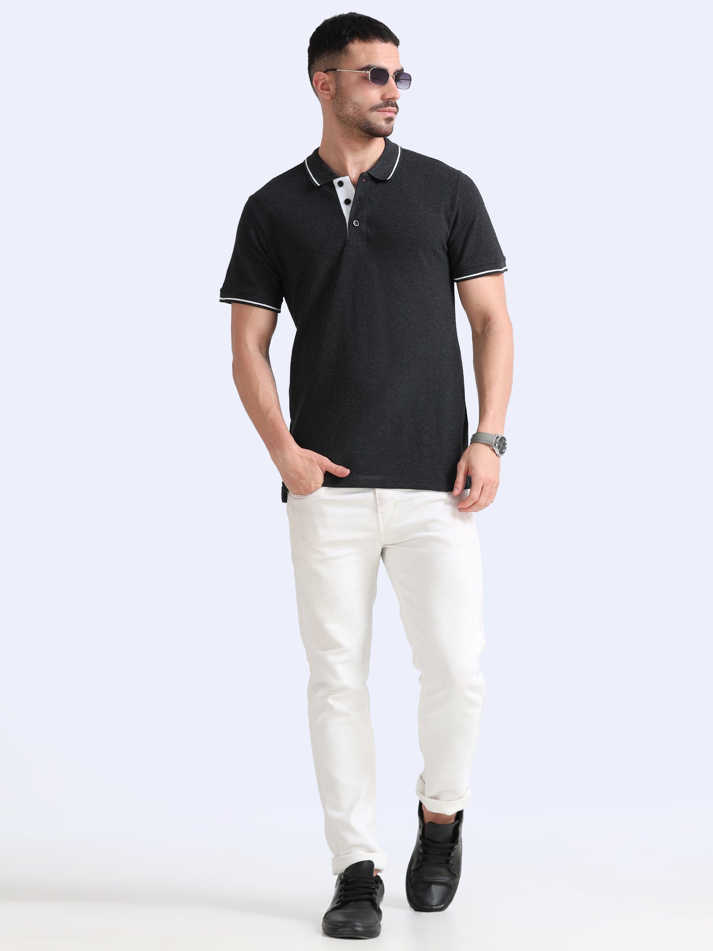 Biowashed Organic Polo - Charcoal with White Tipping