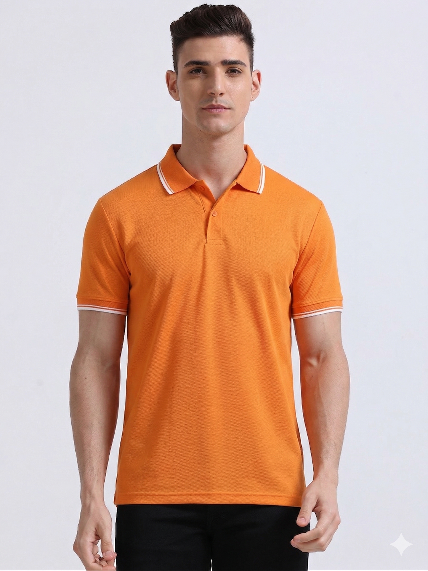 PrimoKnit Dotcell Polo orange in mandarin orange color with white tipping, showcasing its modern design and fit.