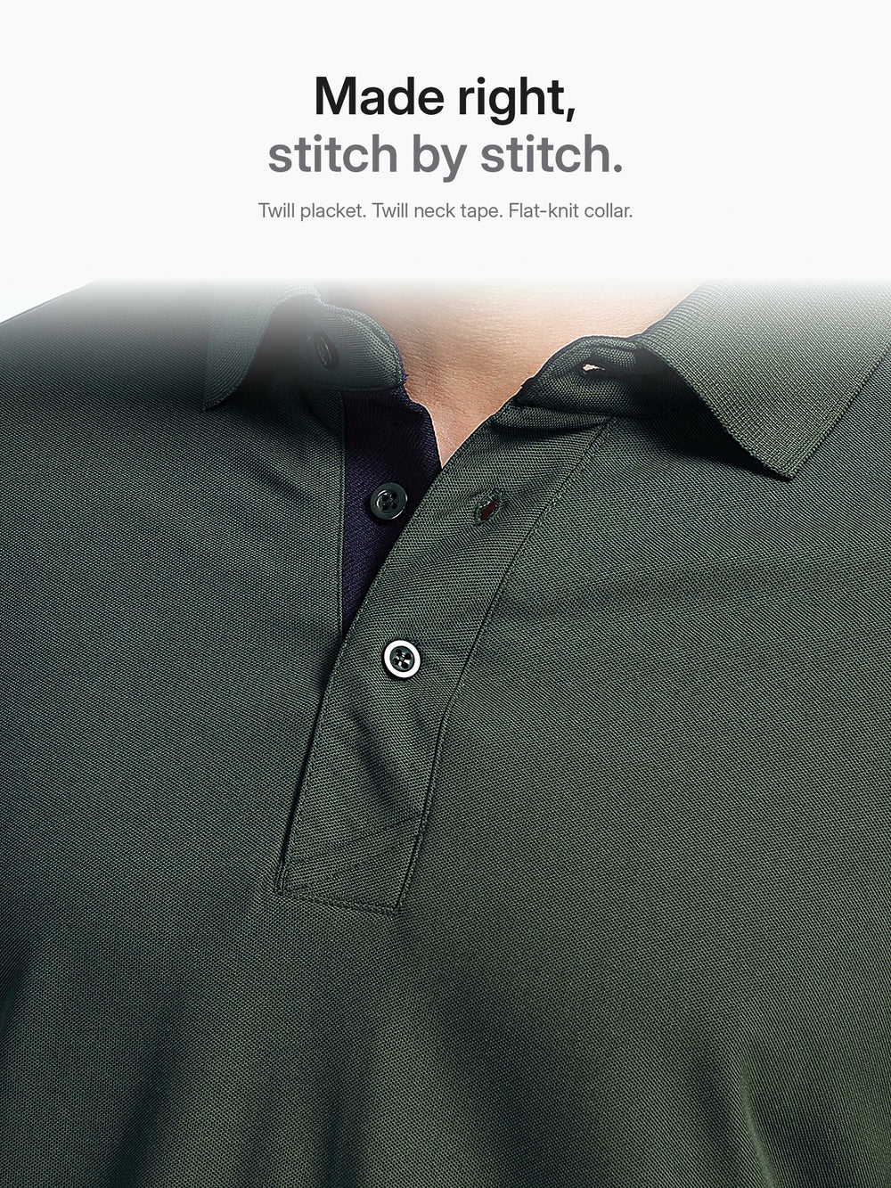 AeroPiq Polo Tshirt Olive Green, placket close-up