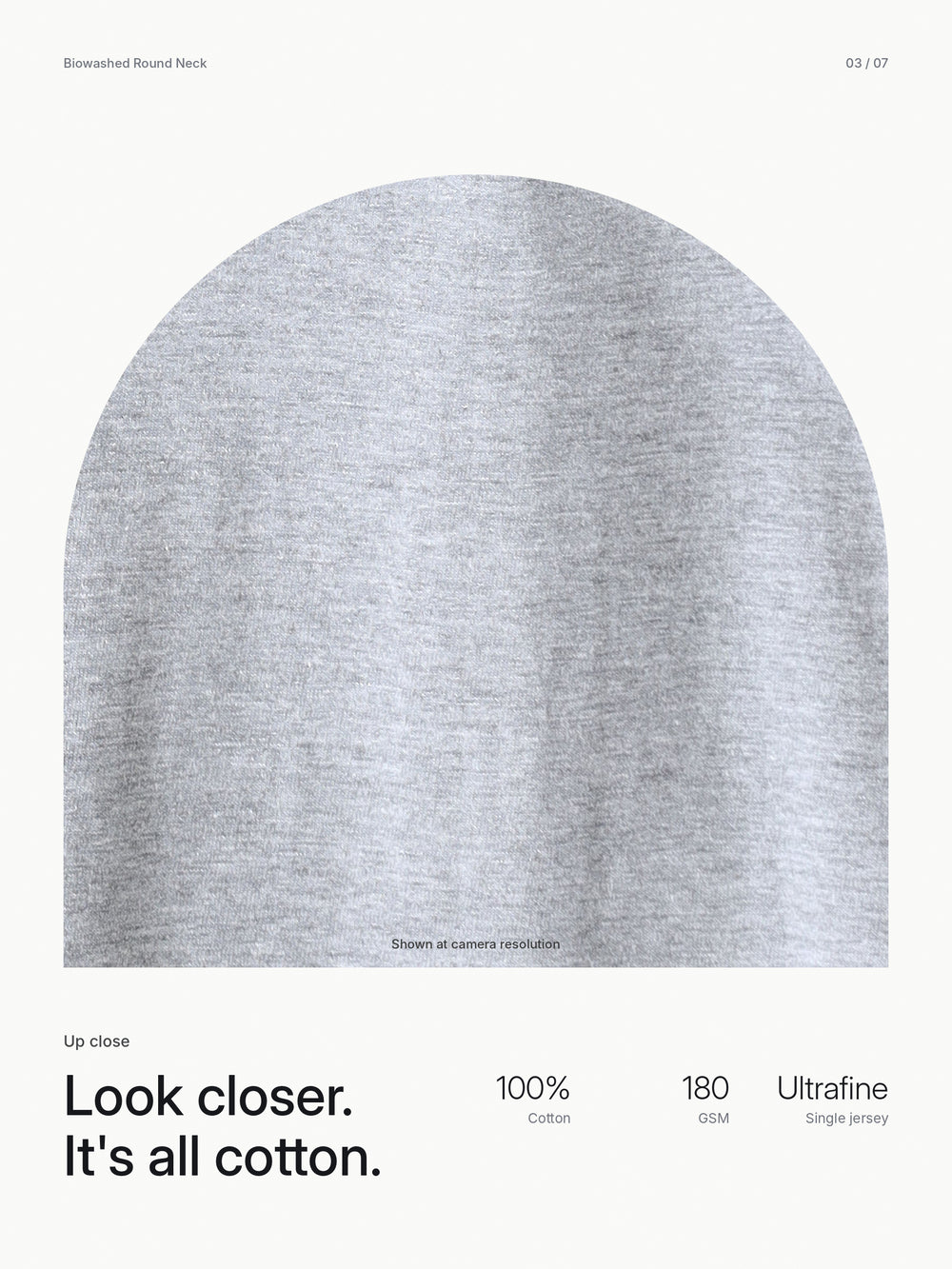 Biowashed Round Neck 100% Cotton Tshirt - Grey Melange – Close-up