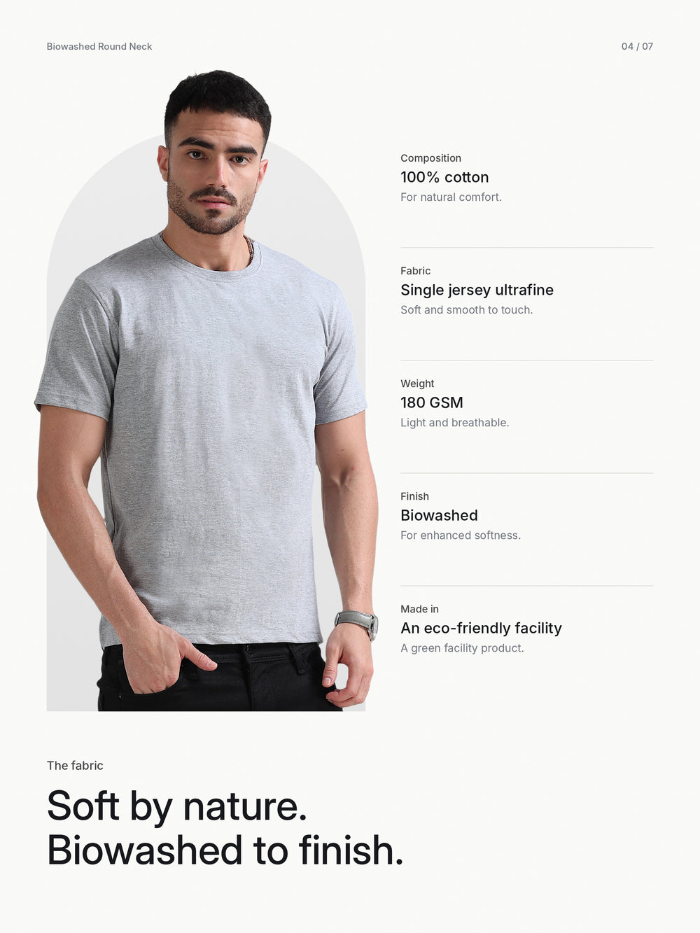 Biowashed Round Neck 100% Cotton Tshirt - Grey Melange – Fabric