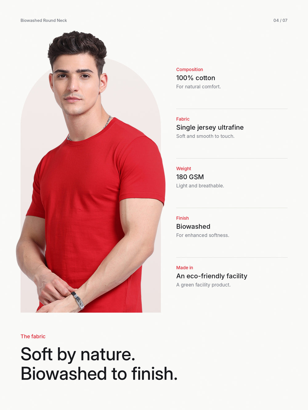 Biowashed Round Neck 100% Cotton Tshirt - Red – Fabric