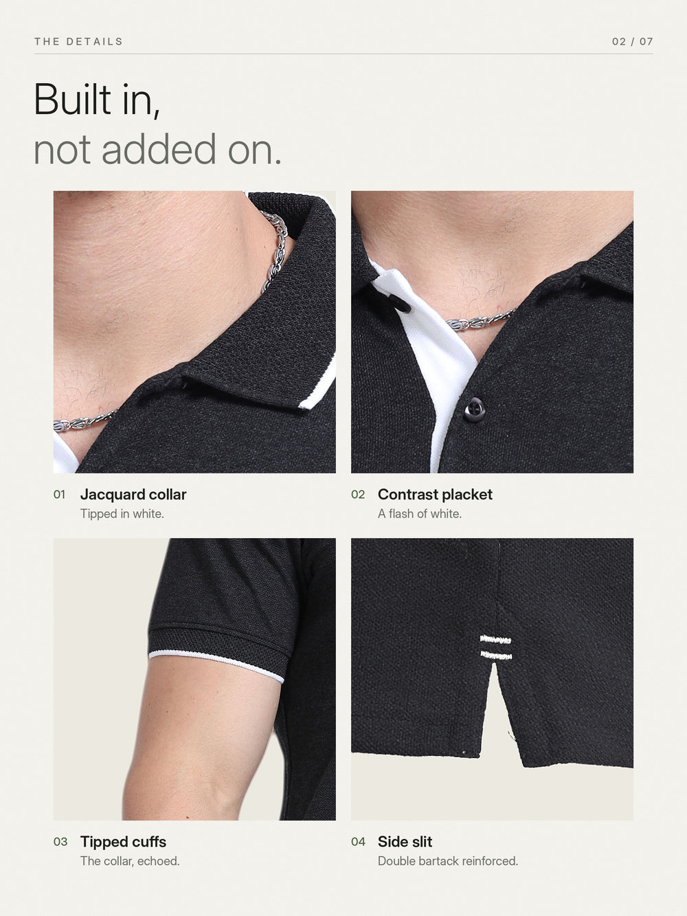 EcoBlend Polo Tshirts - Charcoal with White Tipping – Details