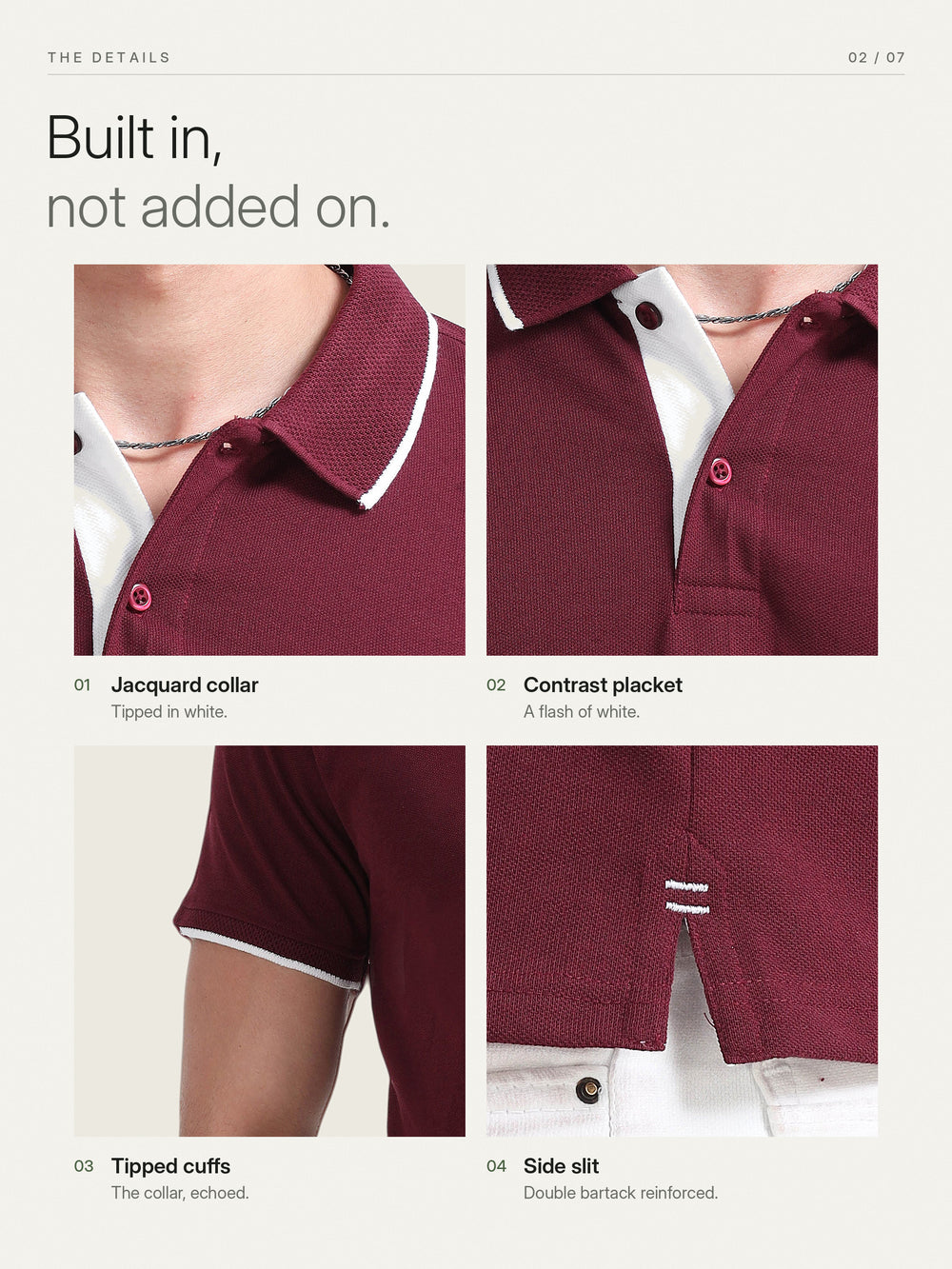 EcoBlend Polo Tshirts - Maroon with White Tipping – Details