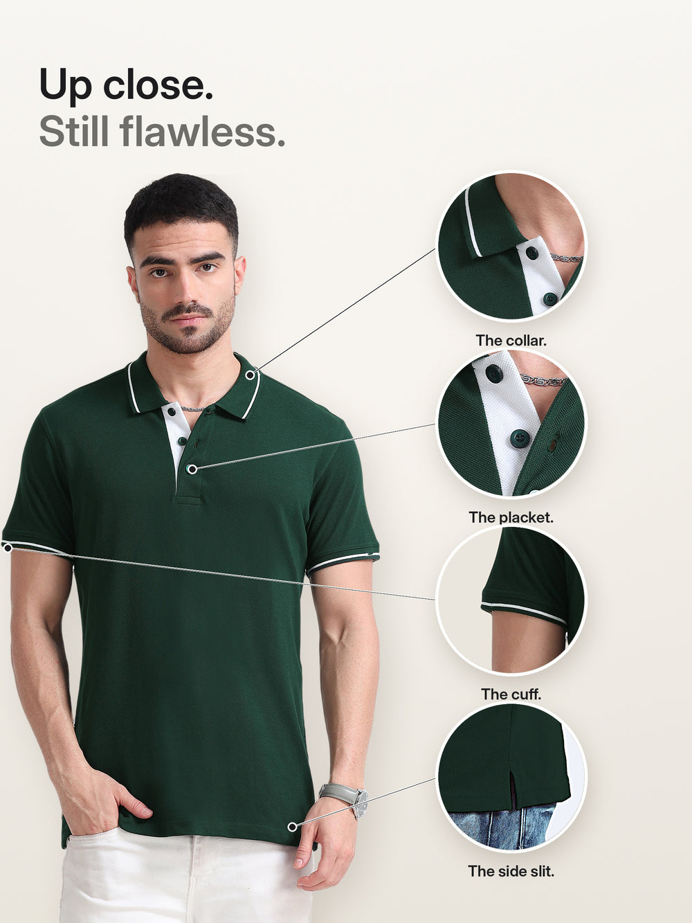 Biowashed Organic Polo - Bottle Green with White Tipping – Details