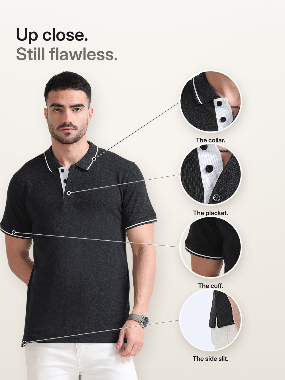 Biowashed Organic Polo - Charcoal with White Tipping – Details