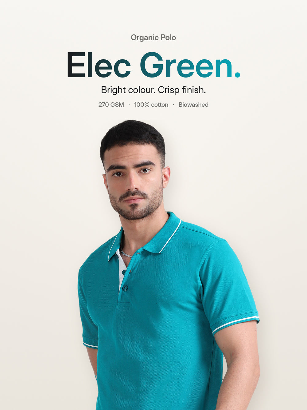 Biowashed Organic Polo - Elec Green with White Tipping – Hero