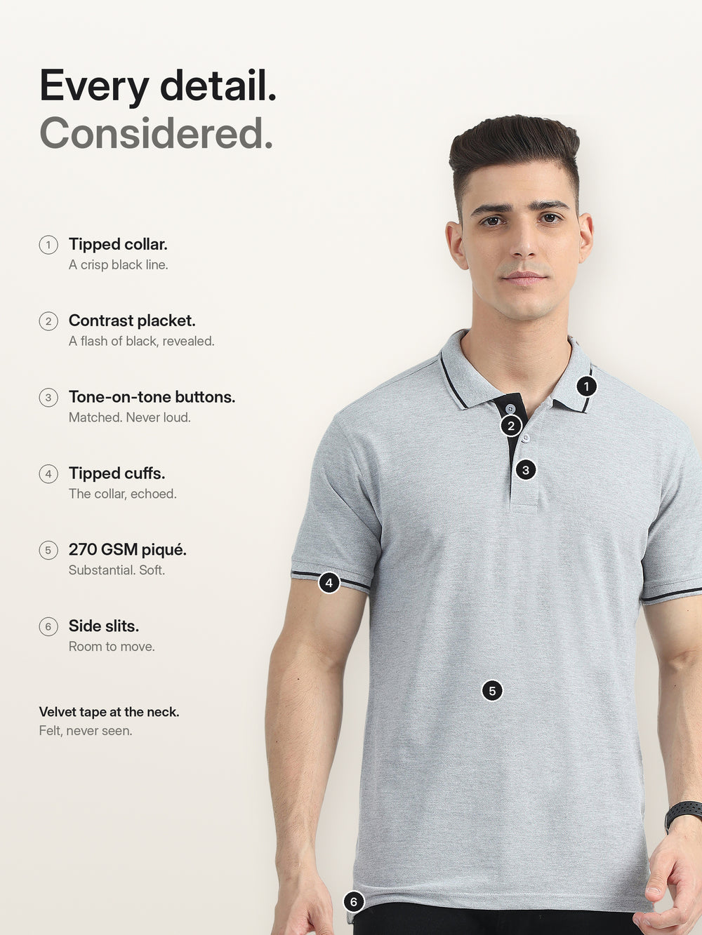 Biowashed Organic Polo - Grey with Black Tipping – Features