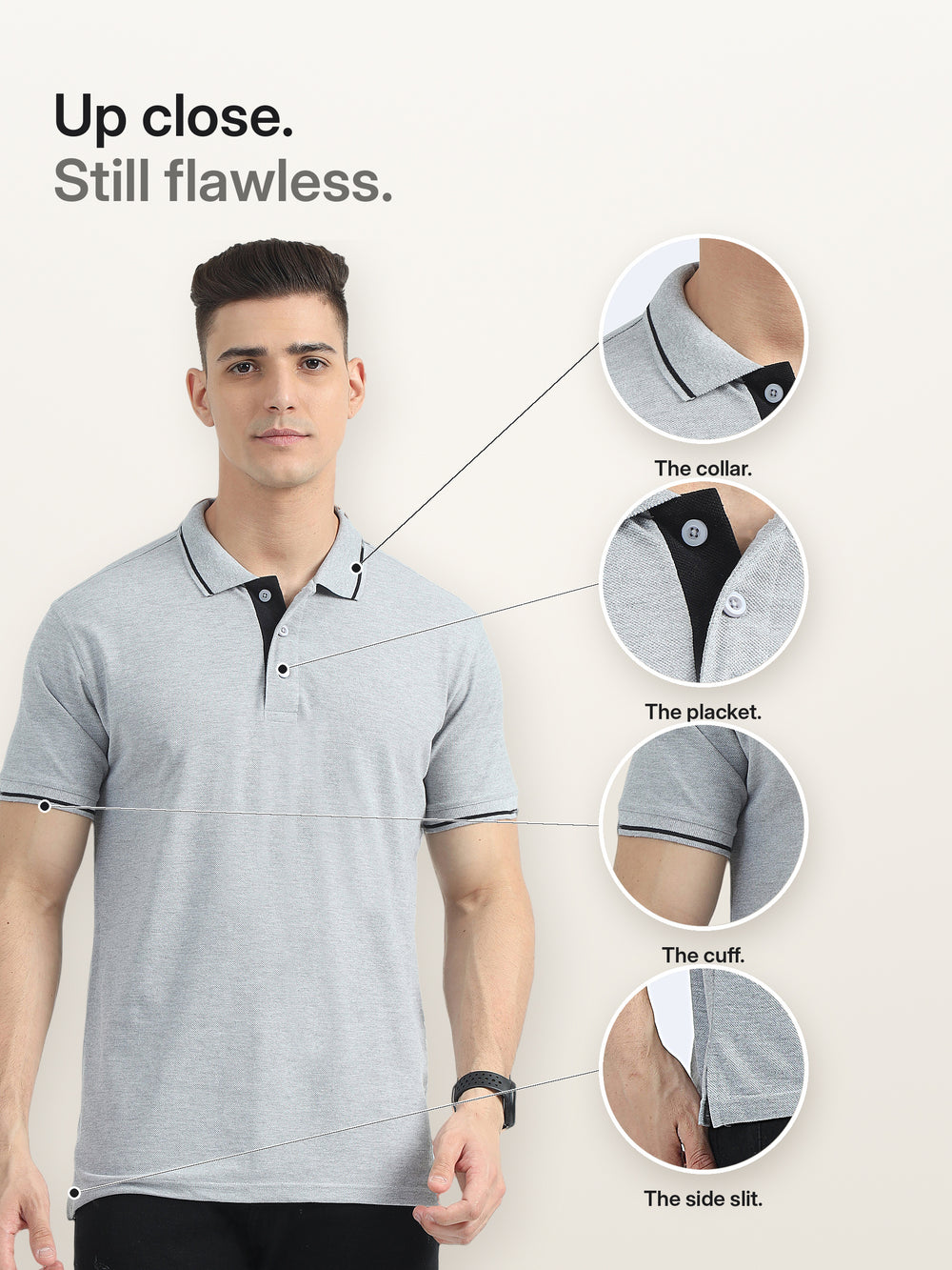 Biowashed Organic Polo - Grey with Black Tipping – Details
