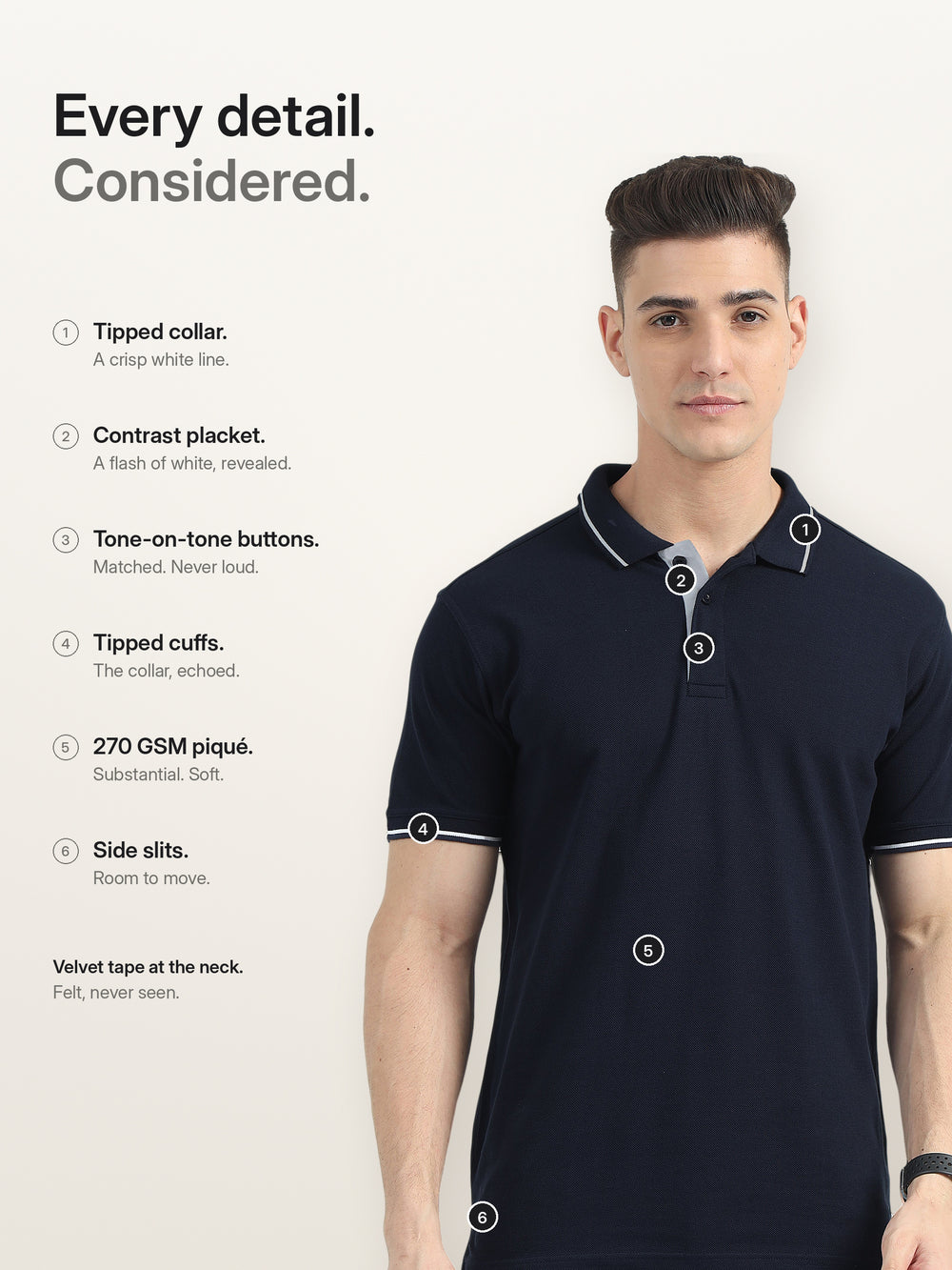Biowashed Organic Polo - Navy Blue with White Tipping – Features