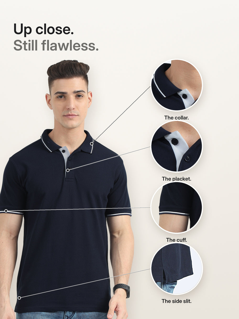Biowashed Organic Polo - Navy Blue with White Tipping – Details