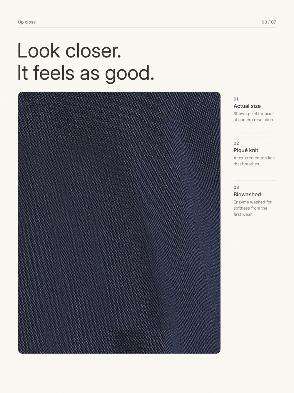 Biowashed Organic Polo Plain - Navy Blue – Close-up