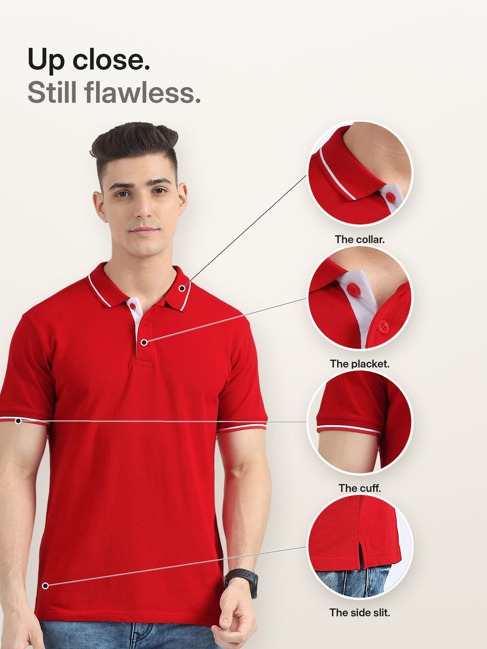 Biowashed Organic Polo - Red with White Tipping – Details