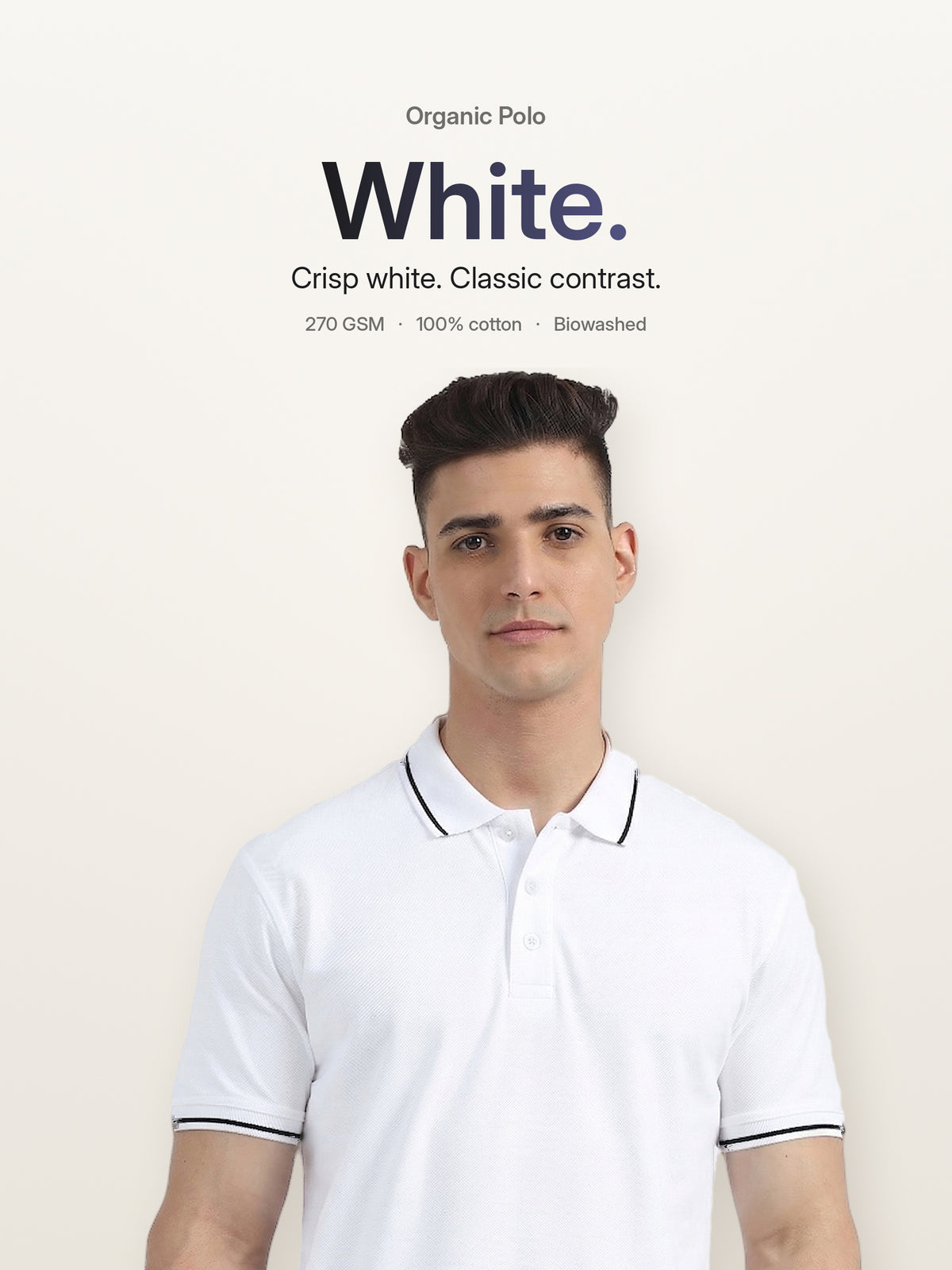 Biowashed Organic Polo - White with Black Tipping – Hero