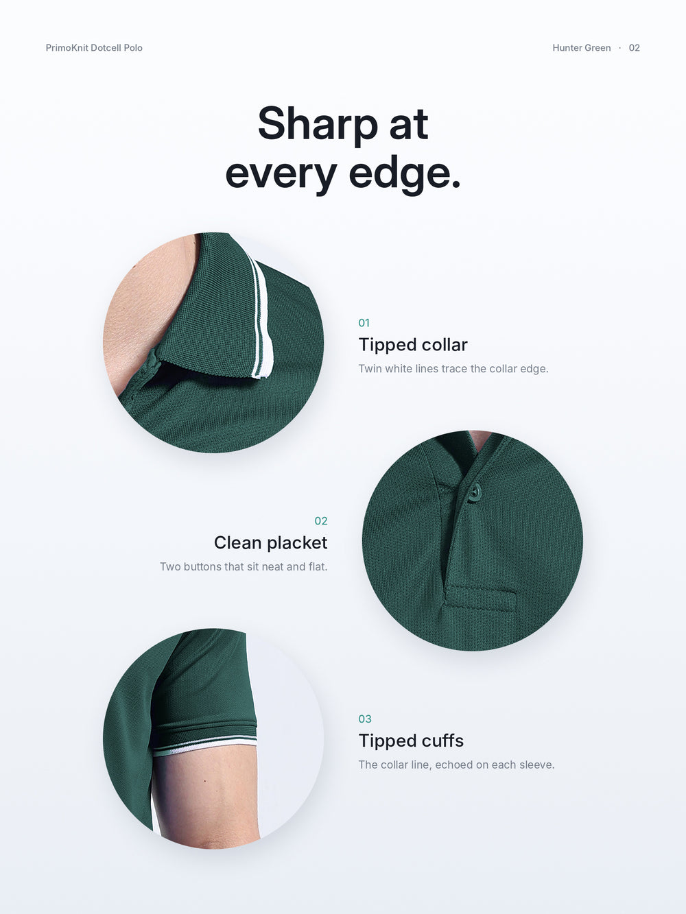 PrimoKnit Dotcell Polo - Hunter Green with White Tipping – Details