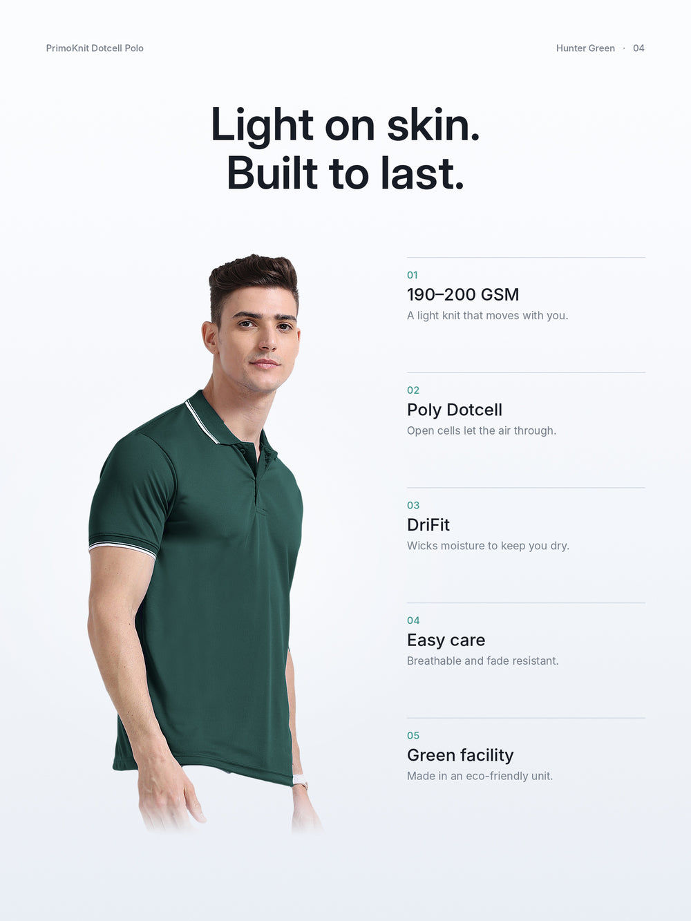 PrimoKnit Dotcell Polo - Hunter Green with White Tipping – Fabric