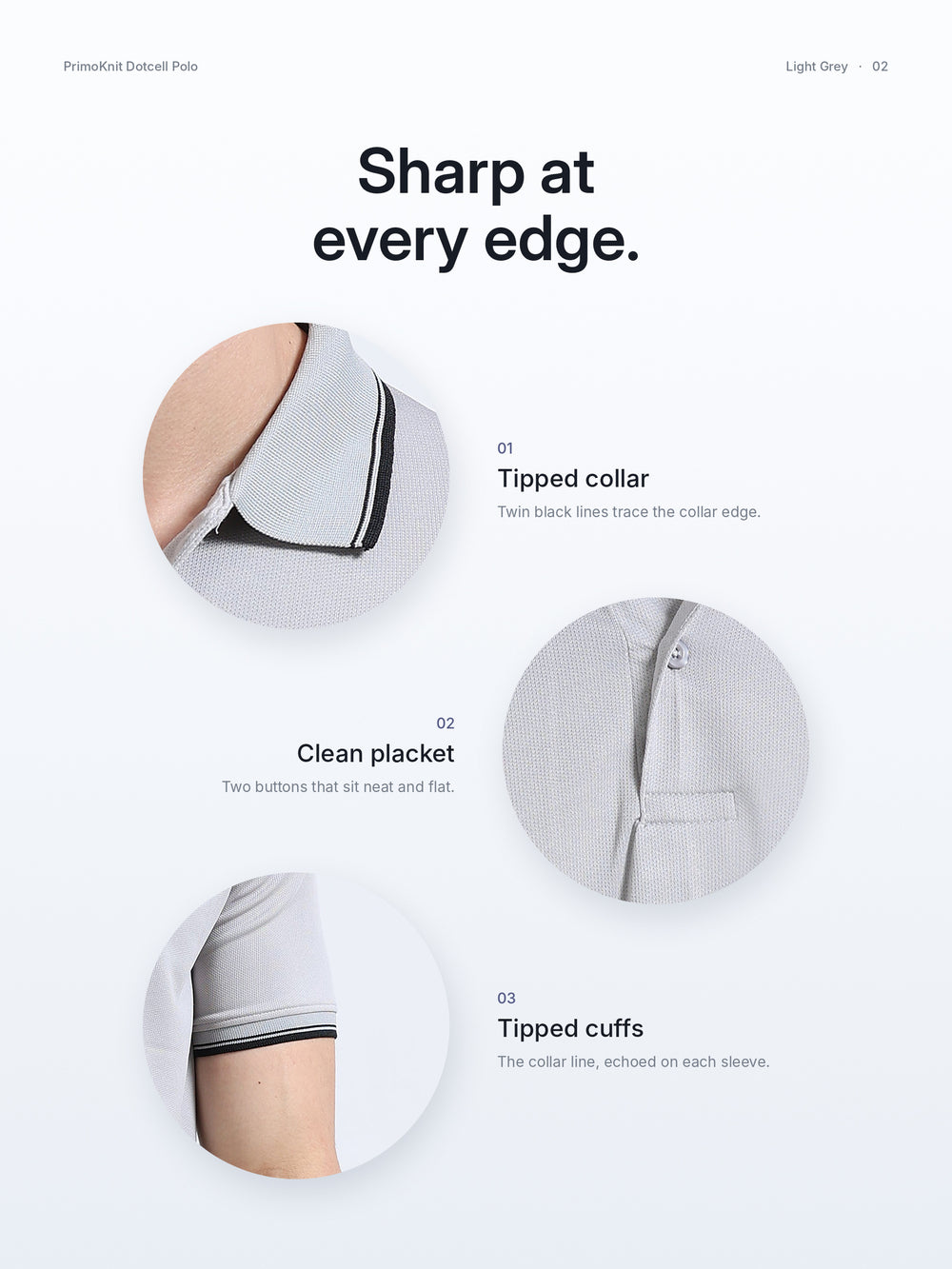PrimoKnit Dotcell Polo - Light Grey with Black Tipping – Details