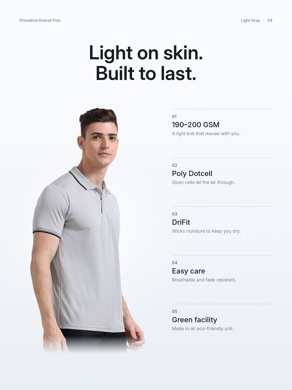 PrimoKnit Dotcell Polo - Light Grey with Black Tipping – Fabric