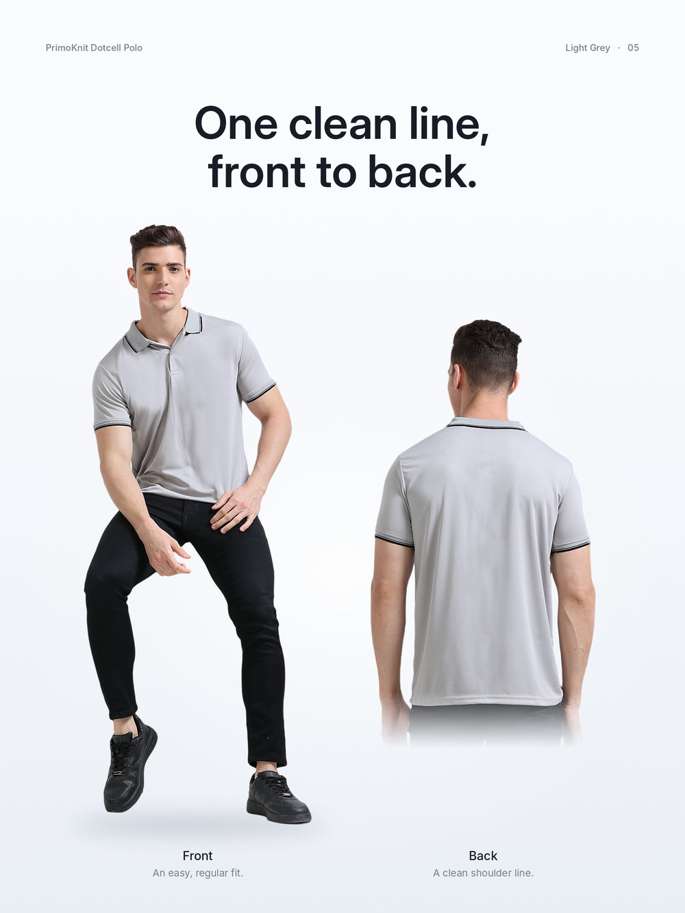 PrimoKnit Dotcell Polo - Light Grey with Black Tipping – Lifestyle