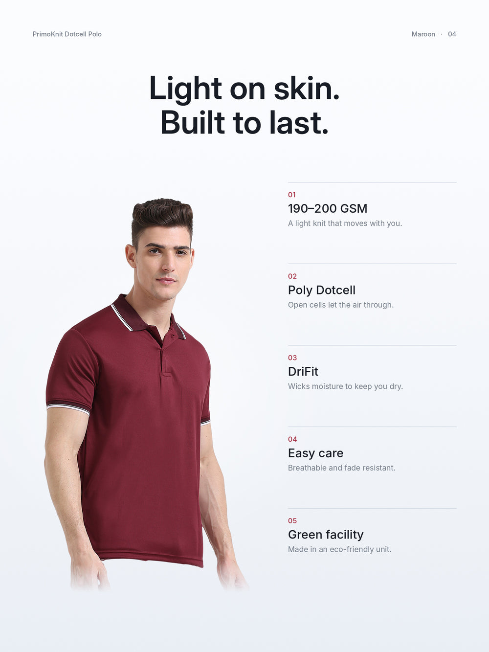 PrimoKnit Dotcell Polo - Maroon with White Tipping – Fabric