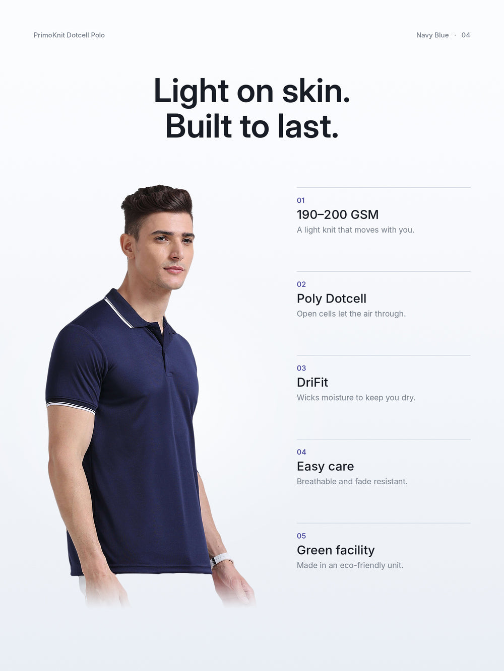 PrimoKnit Dotcell Polo - Navy Blue with White Tipping – Fabric
