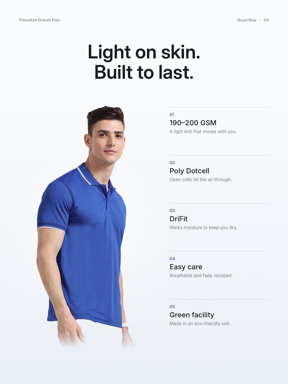 PrimoKnit Dotcell Polo - Royal Blue with White Tipping – Fabric