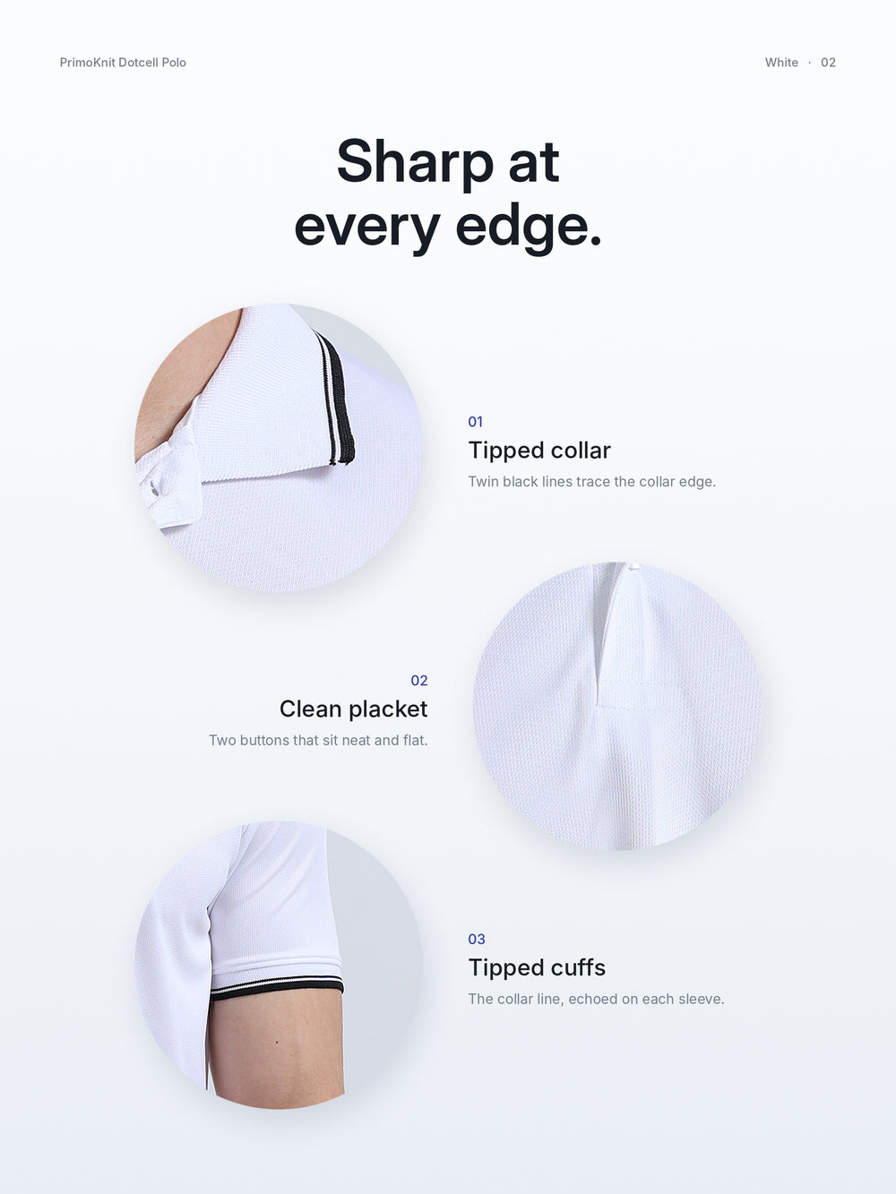 PrimoKnit Dotcell Polo - White with Black Tipping – Details