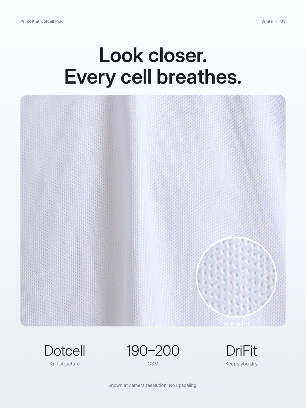 PrimoKnit Dotcell Polo - White with Black Tipping – Close-up
