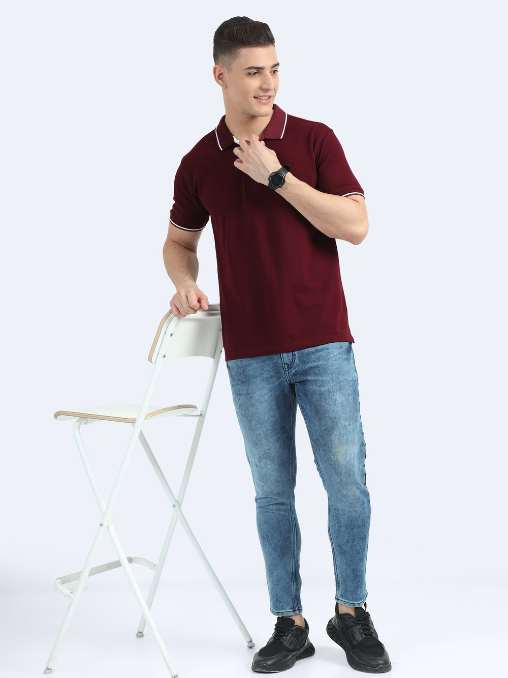 Biowashed Organic Polo - Maroon with White Tipping