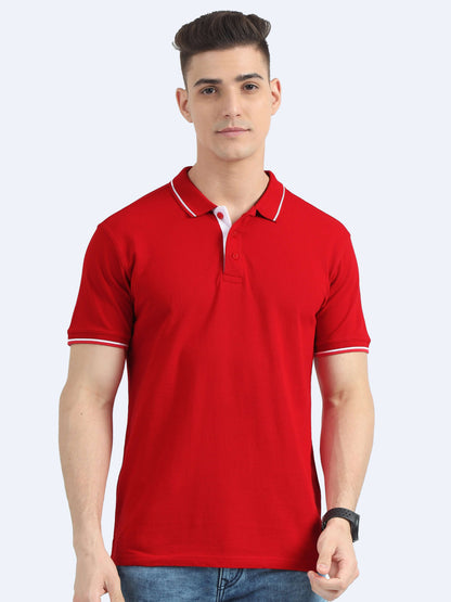 Biowashed Organic Polo - Red with White Tipping