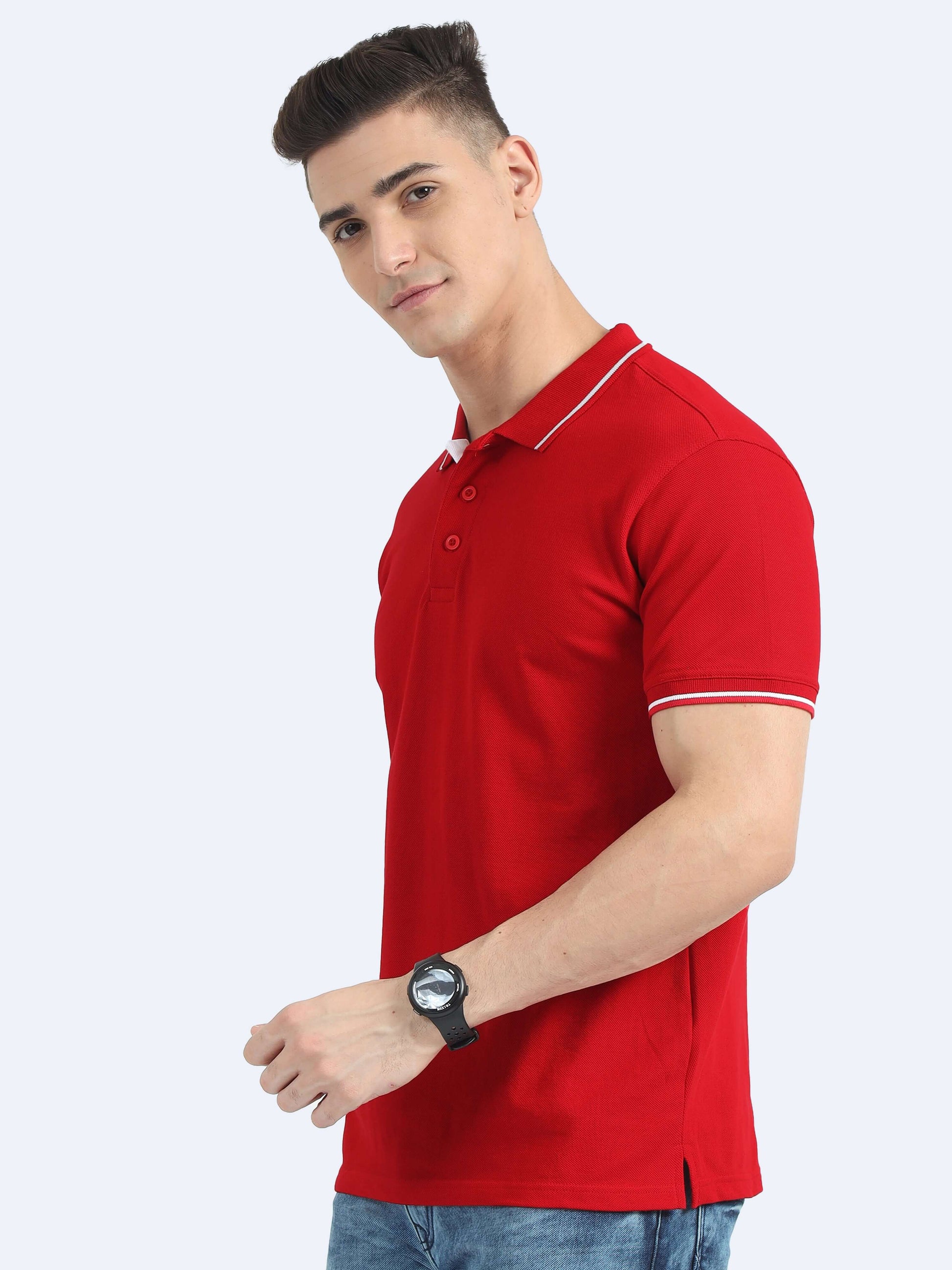 Biowashed Organic Polo - Red with White Tipping