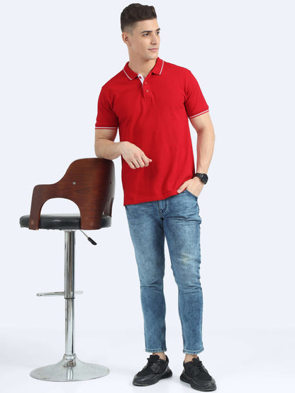 Biowashed Organic Polo - Red with White Tipping