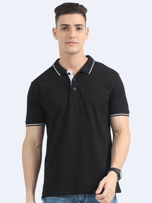 Biowashed Organic Polo - Black with White Tipping