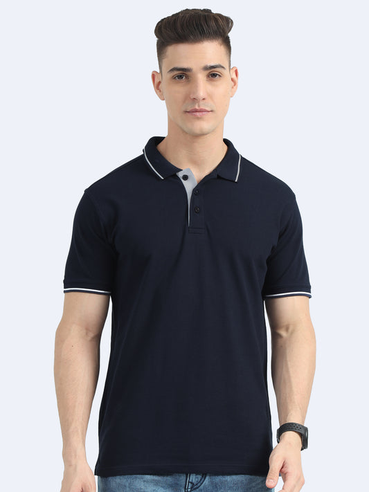 Biowashed Organic Polo - Navy Blue with White Tipping