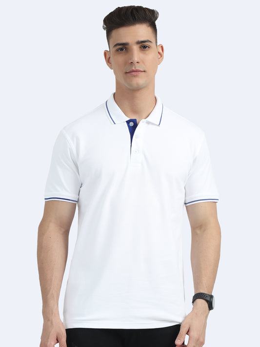 Biowashed Organic Polo - White with Blue Tipping