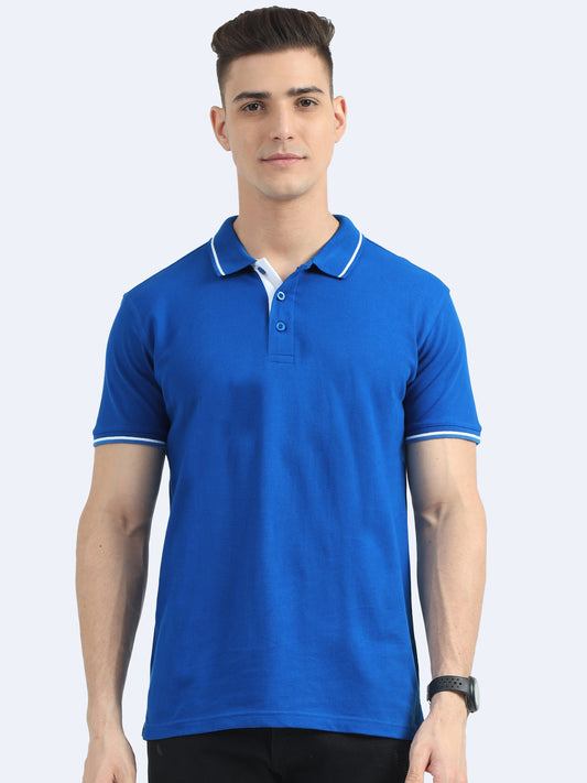 Biowashed Organic Polo - Royal Blue with White Tipping