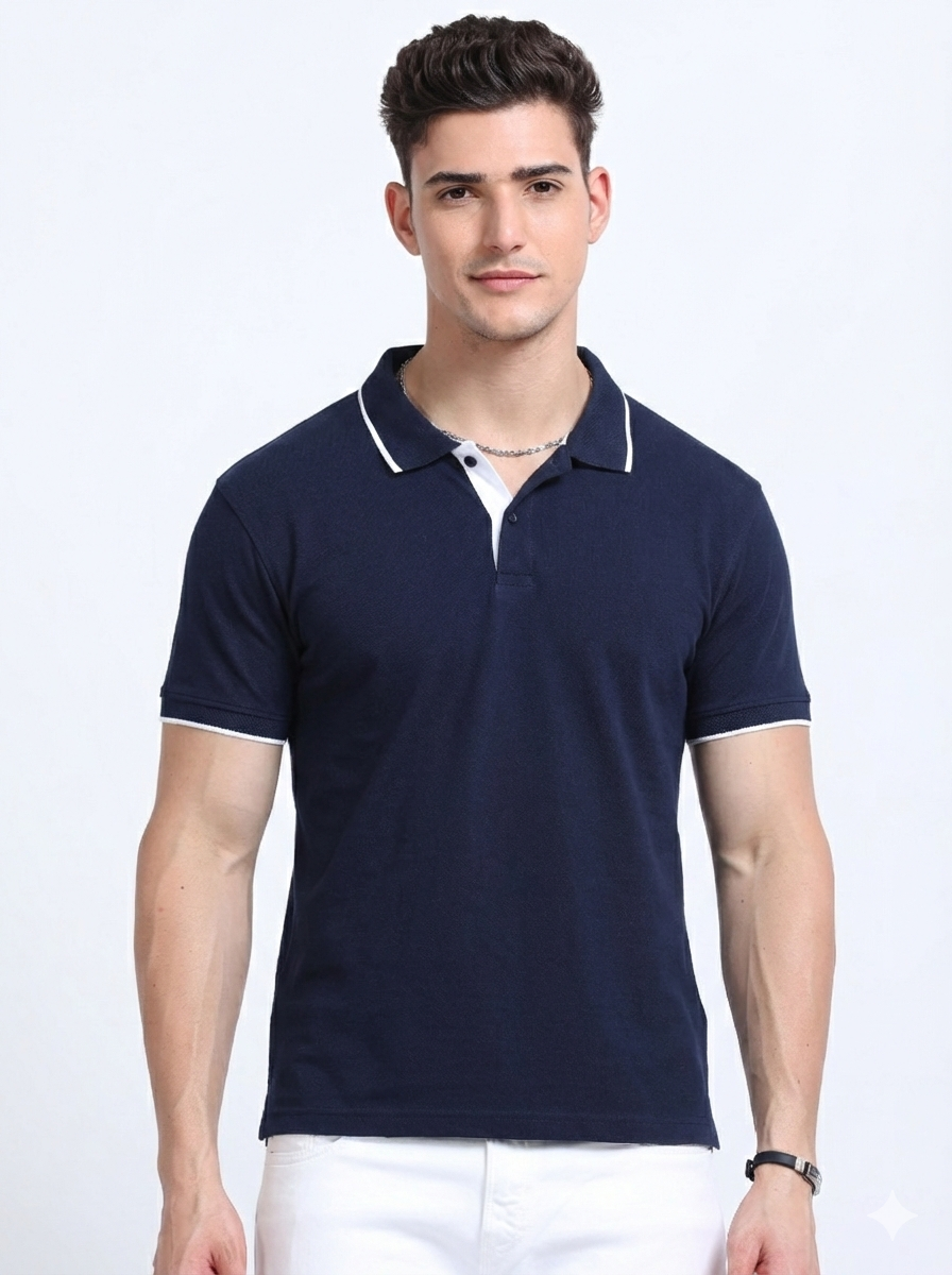 EcoBlend Polo Tshirts - Navy Blue with White Tipping