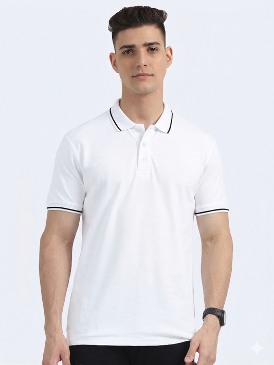 Biowashed Organic Polo - White with Black Tipping