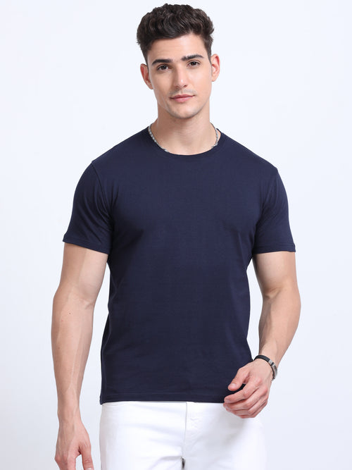 Biowashed Round Neck 100% Cotton Tshirt - Navy Blue