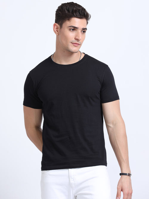Biowashed Round Neck 100% Cotton Tshirt - Black